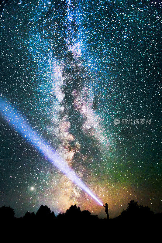 男人的剪影在黑暗的背景。手电筒发出的光束。夏天的星空。星星在天空。美丽的夜晚景观。长时间的曝光。银河系。摘要深空