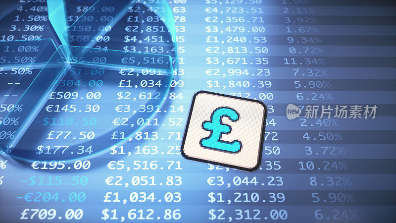 在财务数字电子表格上使用英镑货币符号的透明蓝色抽象饼状图。俯视图，特写构图。