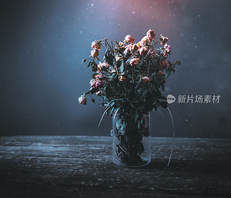黑色和蓝色背景的木桌上，花瓶里插着一束干玫瑰。概念:死去的花朵