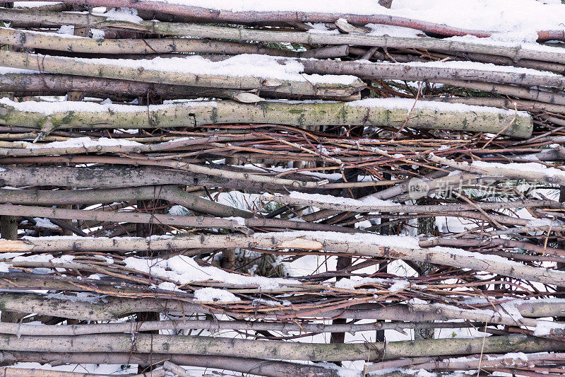 白雪覆盖的篱笆木树枝
