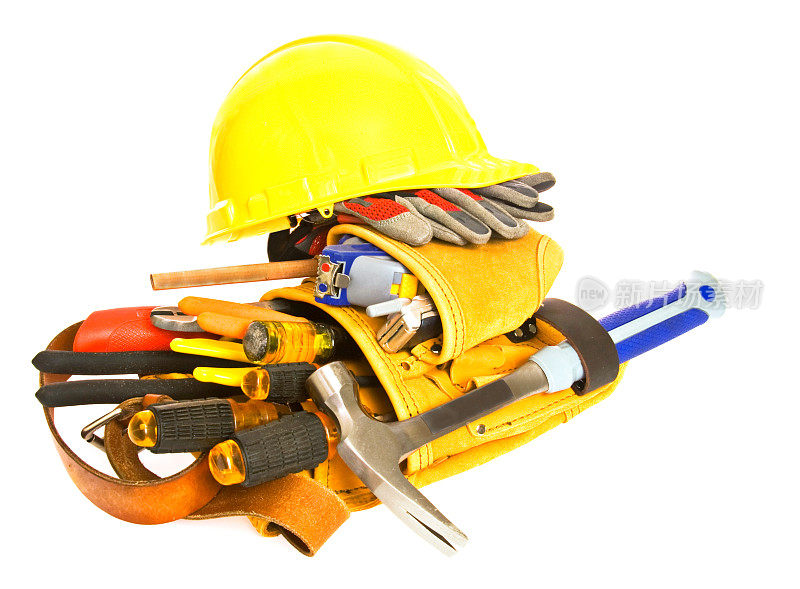 木工工具带，安全帽和工具隔离在白色