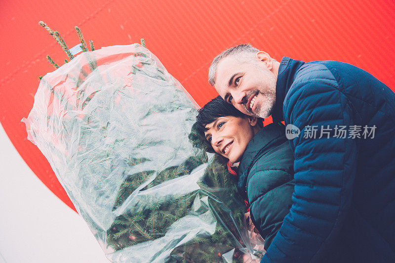 美丽微笑的高加索夫妇扛着圣诞树，欧洲