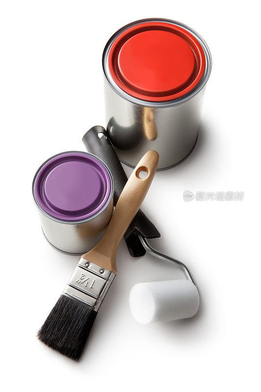 油漆:红色，紫色，油漆刷和油漆油漆隔离在白色背景