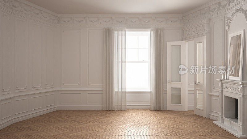 经典的空房间有大窗户，壁炉和人字形拼花地板，复古的白色室内设计
