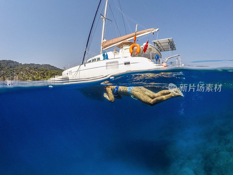 Göbün湾在Göcek。漂浮在海底的女士。