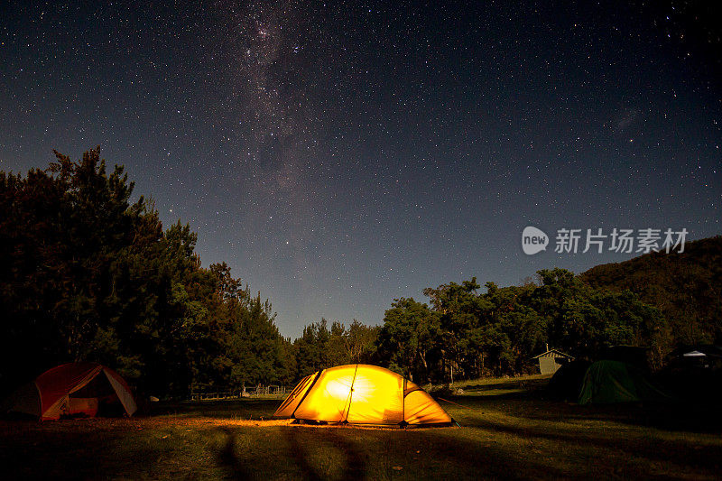 一个橙色的帐篷在充满星星的银河夜空下闪闪发光