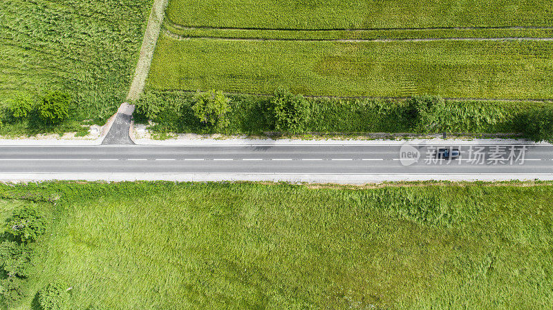 道路穿过农业区，鸟瞰图