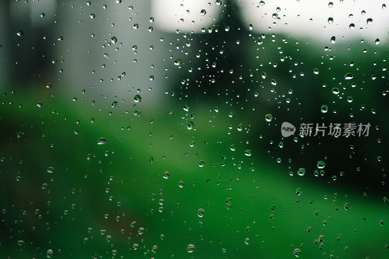 雨滴落在绿色背景的窗户上