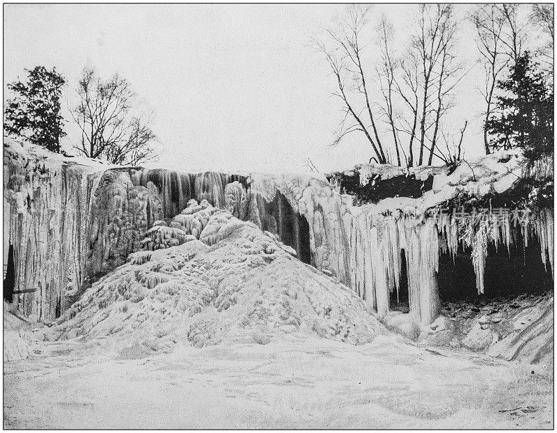 美国著名风景的古董照片:明尼哈哈瀑布，冬天