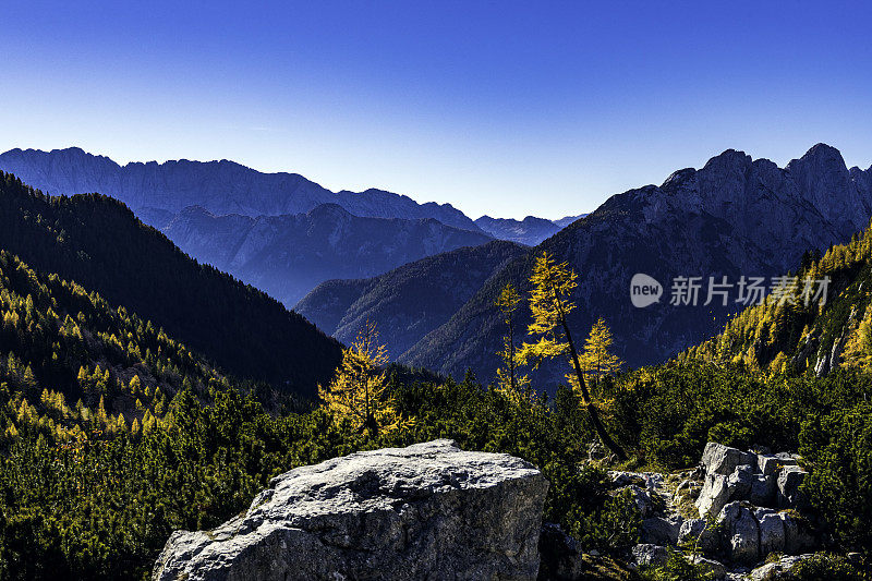 山景在朱利安阿尔卑斯山，秋天近距离，Vršič，上卡尼奥拉，朱利安阿尔卑斯山，斯洛文尼亚，欧洲