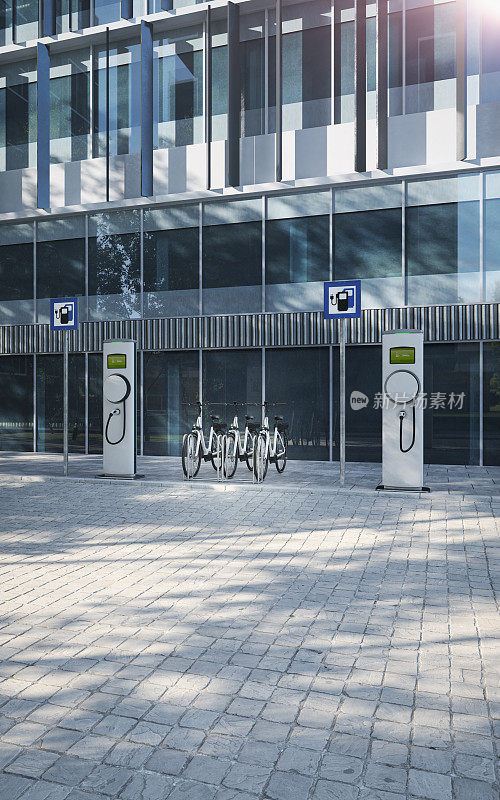 电动自行车电动自行车在公司停车场与电动充电站的3d插图
