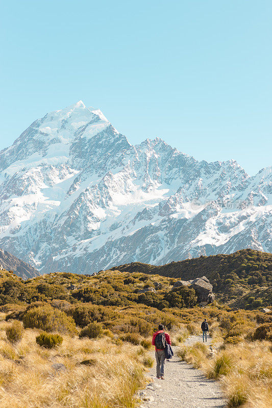 新西兰库克山;独自徒步旅行者在阳光下在库克山徒步路线。