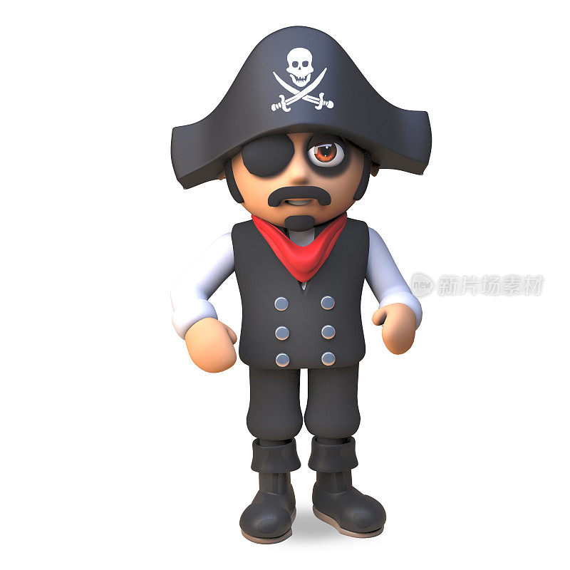 海盗船长在头骨和交叉骨帽和眼罩准备海盗，3d插图