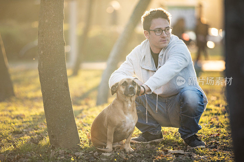 背光年轻人放松在公共公园与他的狗-股票照片