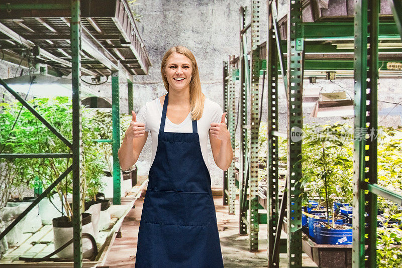 白人女性站在农场在温室穿着衬衫和持有植物