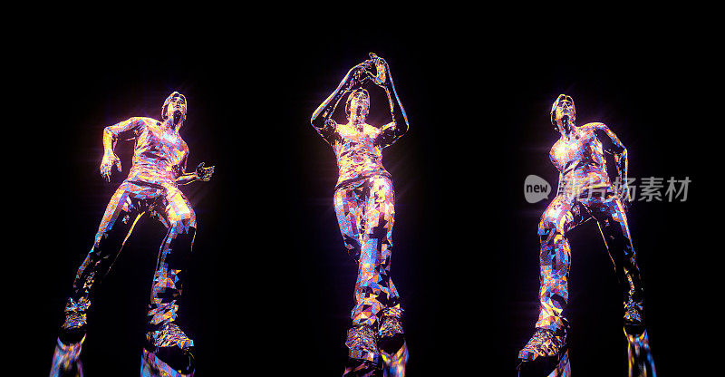 舞蹈姿势3D渲染。一组3个项目孤立在黑色背景