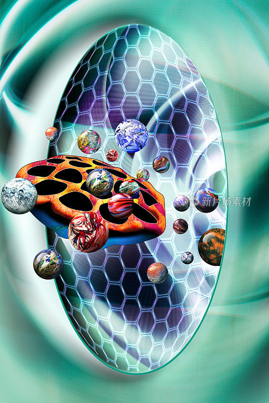 纳米技术操纵原子和基因。在磁共振成像的响应下，药物传递系统中的探测载体正在携带原子。后面有一个石墨烯网。
