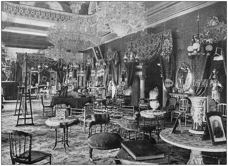 大英帝国的古董照片:客厅，布什巴格宫，海德拉巴(德干)，印度
