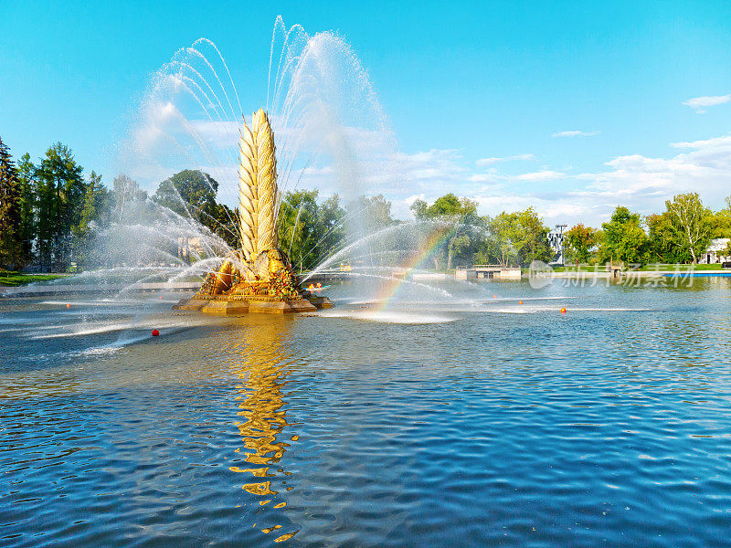 俄罗斯莫斯科经济成就展(VDNKh)上卡缅斯基池塘的金钉喷泉。