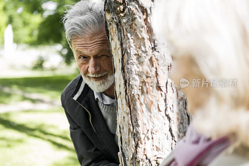 老夫妇在公园里追逐树玩得很开心