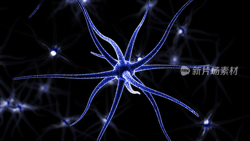 神经元在黑色背景上的3D渲染。背景模糊，焦点在前面。