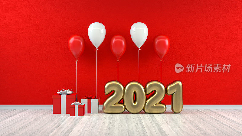 房间里的2021年新年气球，圣诞概念