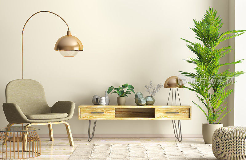 客厅室内设计，木质餐具柜和扶手椅3d效果图