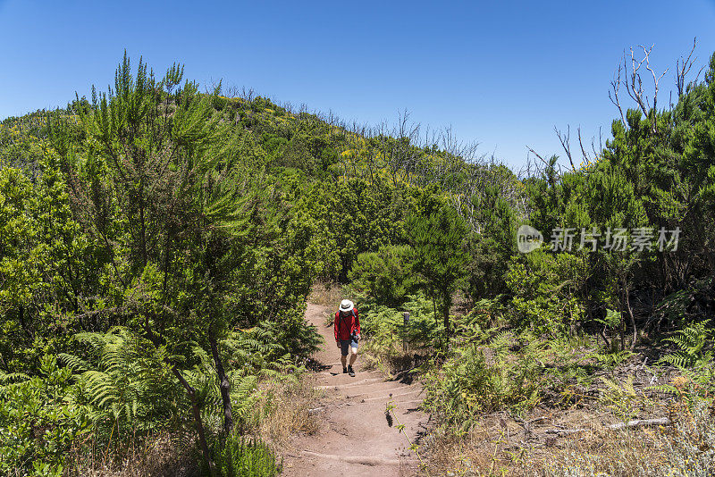 男人在阳光明媚的日子在瓦莱格兰雷徒步旅行