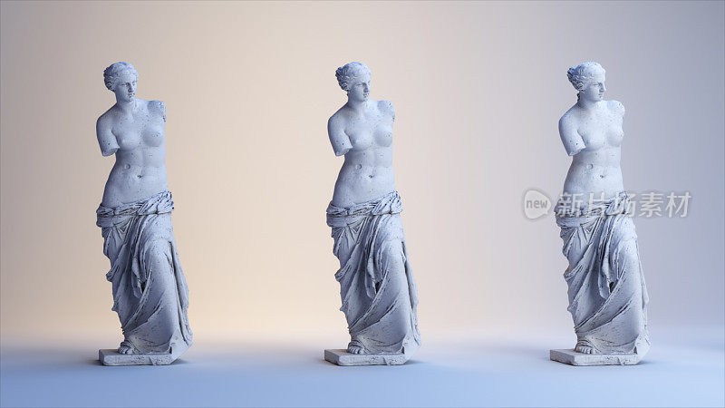 古罗马白色大理石旋转维纳斯雕像在浅色背景上。三维演示