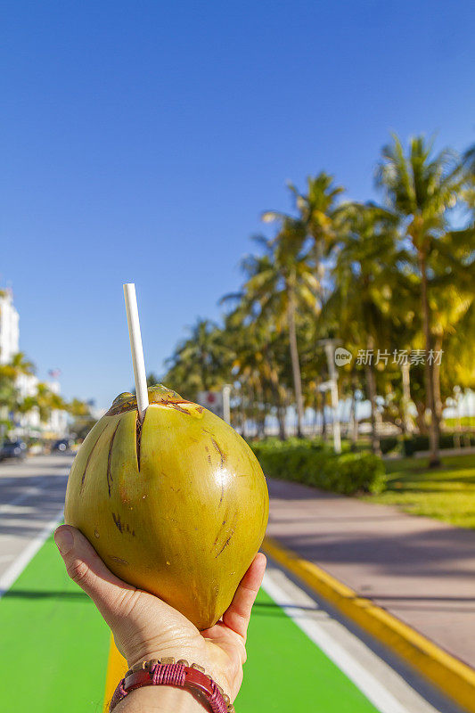 一个年轻的旅行男性享受他的假期，在海洋大道前，南海滩，迈阿密海滩，迈阿密，南佛罗里达，美国