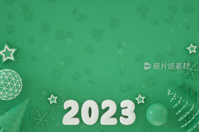 2023年新年，绿色背景的圣诞装饰品