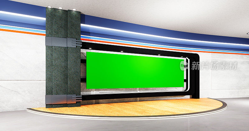 电视演播室，虚拟演播室设置。理想的绿色屏幕合成。