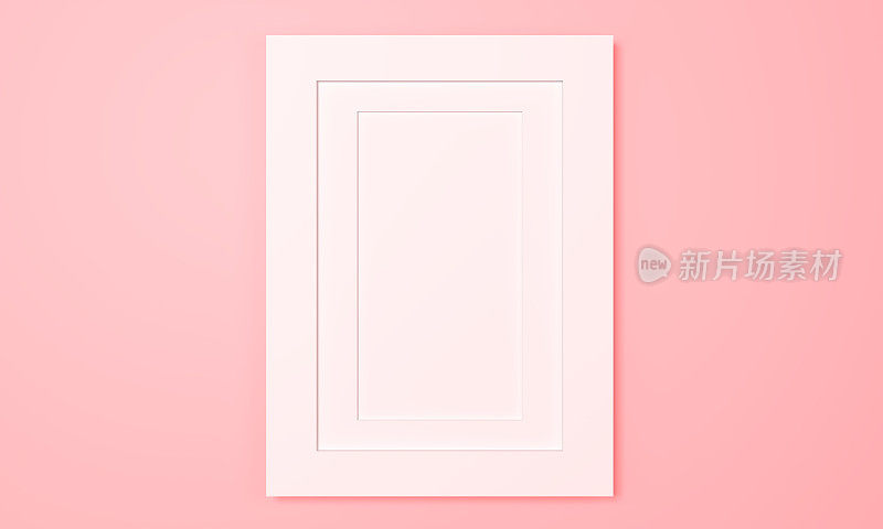 白框3d渲染。插图现代画框概念，空白的白色边界图像框架空间为您的文字在粉红色背景，模型海报框架在墙上最小。淡粉色