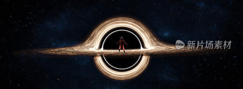 宇航员看着太空中的黑洞吞噬着空间和暗物质。星际空间，黑洞周围的热电离气体。时空扭曲。三维渲染