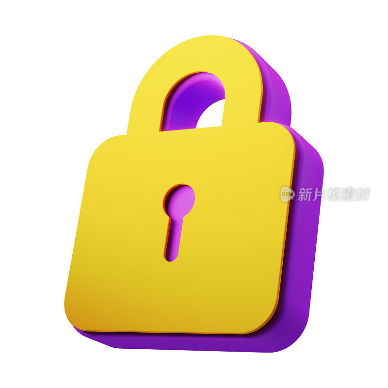 安全，保护，安全。用黄色和紫色锁定3d符号。孤立在白色背景上。