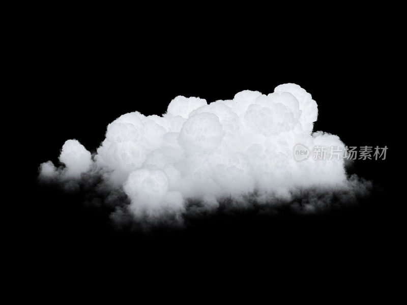 3d渲染，抽象的白云剪贴艺术孤立在黑色背景。逼真的天空设计元素