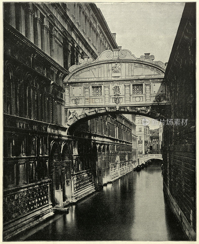 意大利威尼斯的叹息桥的古董照片，19世纪
