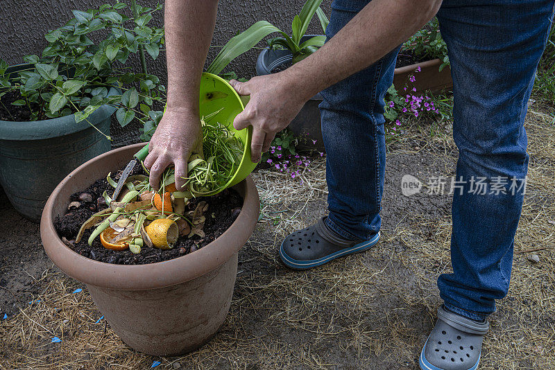 在花园里用水果、蔬菜和蛋壳制作堆肥。