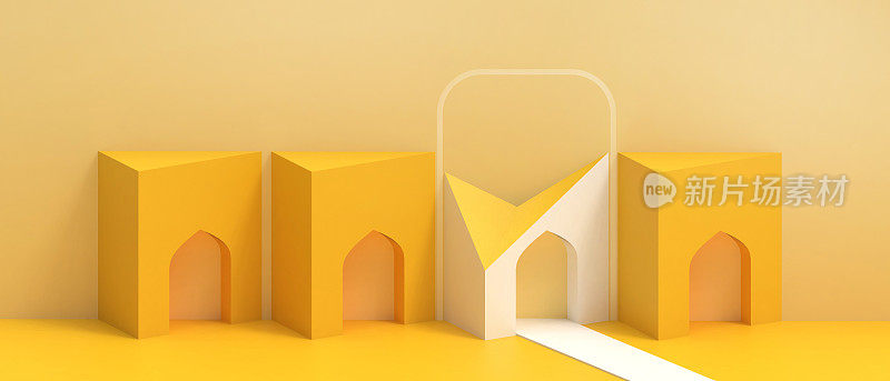 经营理念。抽象建筑，现代背景和开放式门，未来主义和家庭折纸艺术与最小风格的黄色。复制空间,website-3d呈现