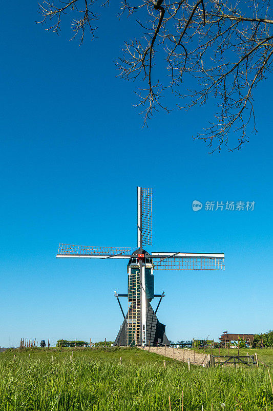 老磨坊在阳光明媚的风景，晴朗的天空(复制空间)