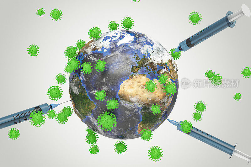 绿色病毒疫苗概念和注射器在世界各地