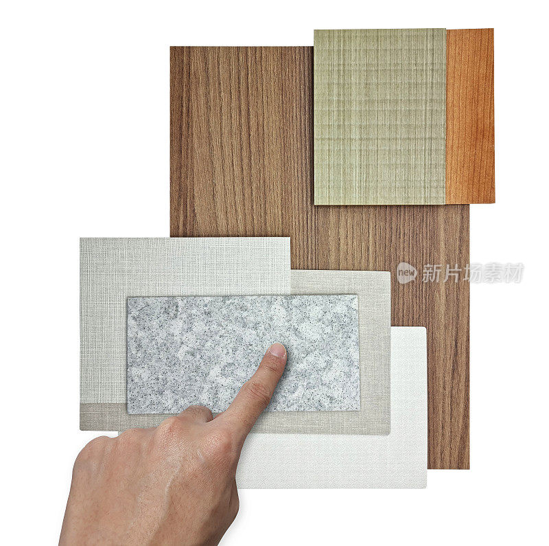 手工选择到室内材料板包含木贴面，织物层压，颗粒石英石，橡木层压，室内织物墙纸样品分离的背景与剪切路径。