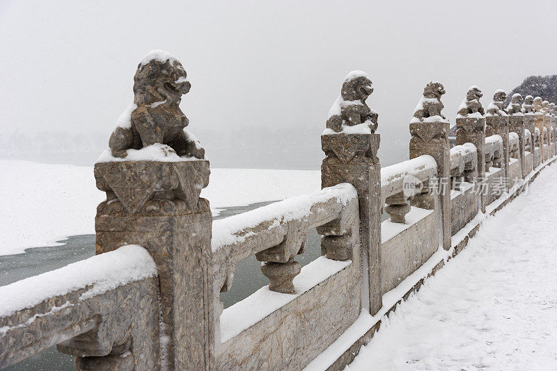 雪中，北京颐和园十七孔桥上的石狮