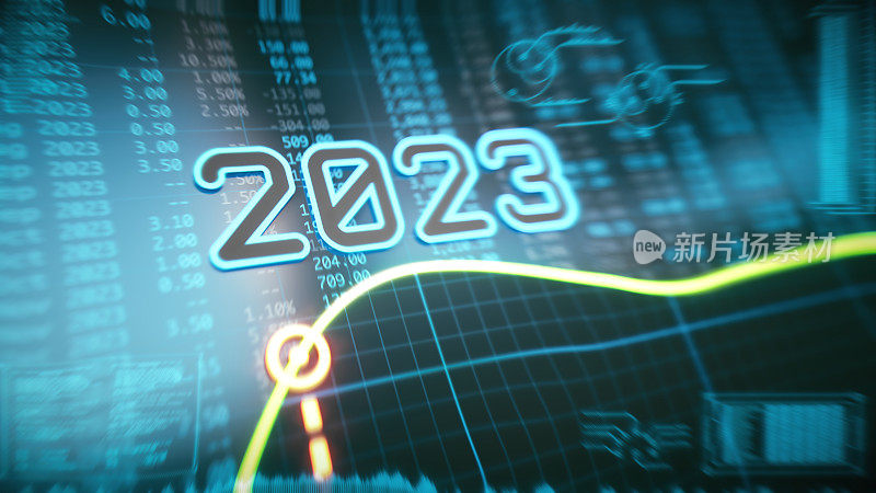 戏剧性的2023年的蓝色信息图，模糊的HUD覆盖，发光的绿色线和财务数字电子表格。特写，构图模糊。