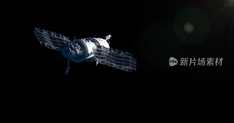 悬停的卫星在一个黑色的背景与一个空间的复制主题和设计