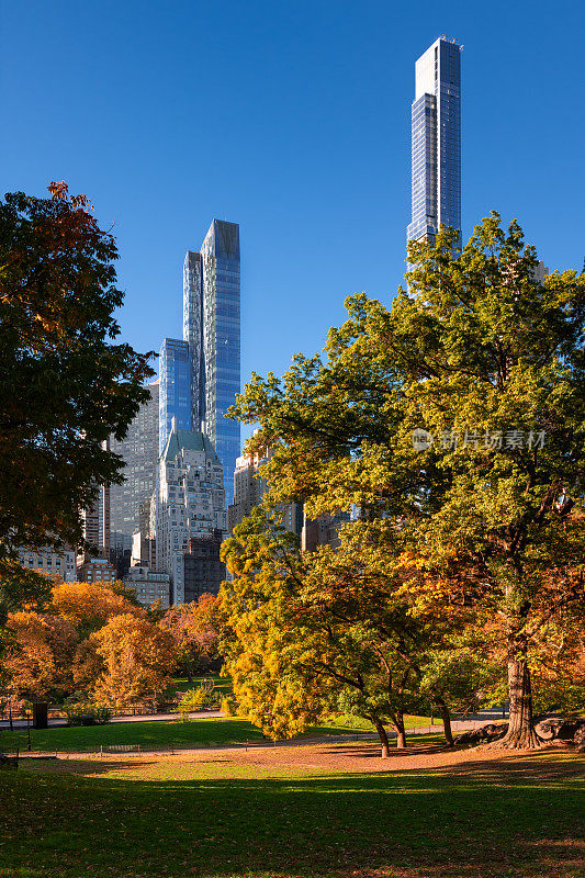 秋天的中央公园，亿万富翁街的摩天大楼。纽约市曼哈顿中城