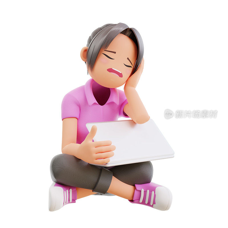 3d渲染无聊困倦可爱的女孩坐在地板笔记本电脑靠在手掌上睡着了睡得精疲力尽无聊不喜欢学习做作业电脑在线教育姿势
