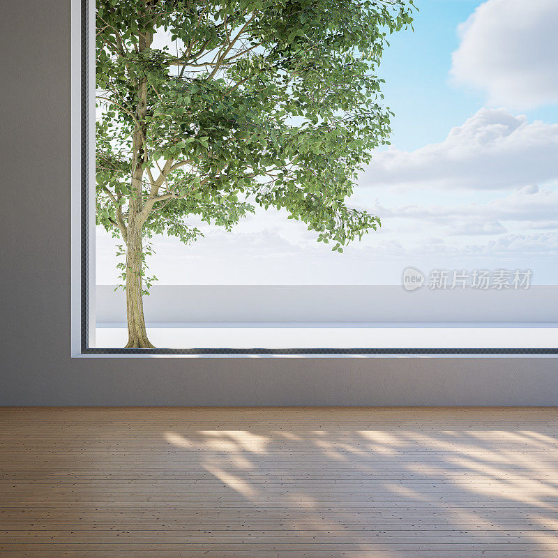 3D渲染一个新的空置住宅房间，木地板和城市观景窗，早晨的阳光照射进来。公寓，家居产品背景。