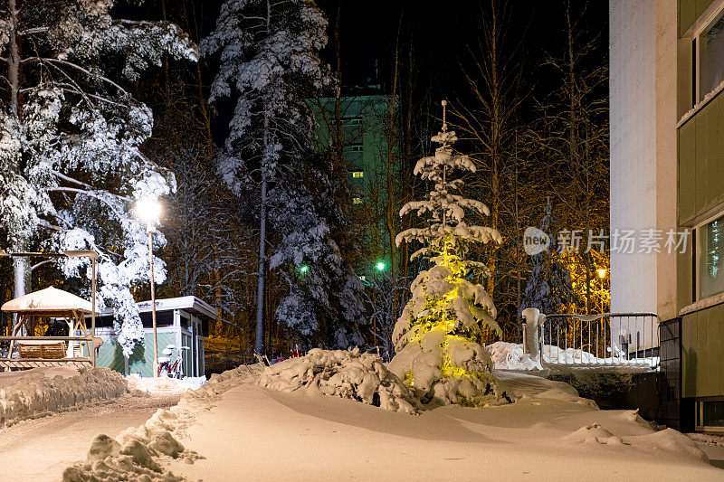 白雪覆盖的城市庭院，有圣诞树和电灯。