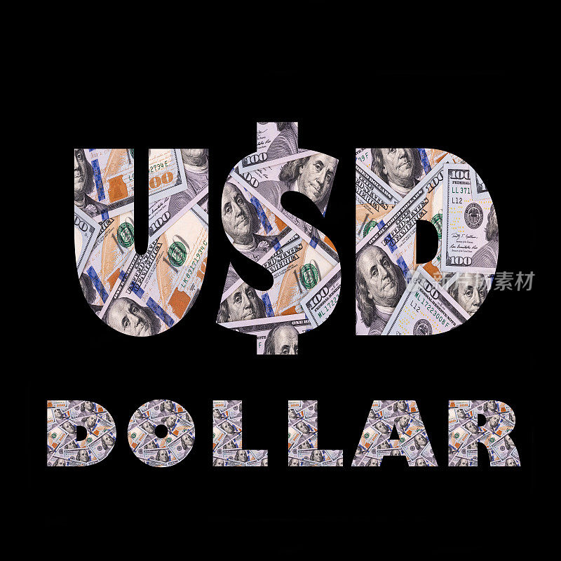 美元的缩写和在黑色背景上描绘100美元钞票的DOLLAR一词